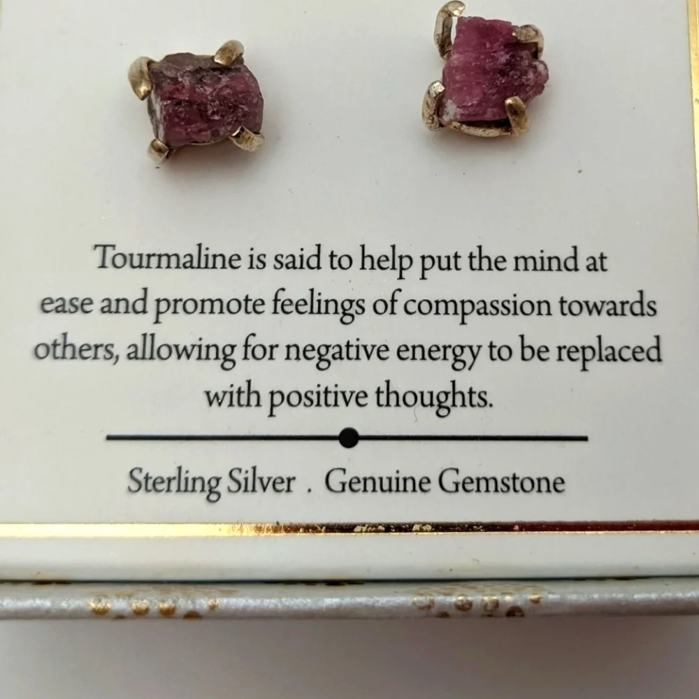Raw Pink Tourmaline 925 Silver Stud Earrings NIB